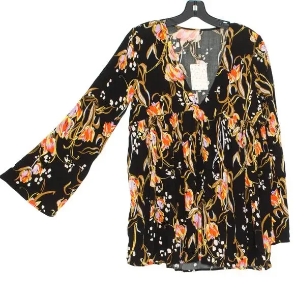 NWT Free People Tunic Top Bella Babydoll Floral Boho Whimsigoth Cottage Black XS - Picture 7 of 11